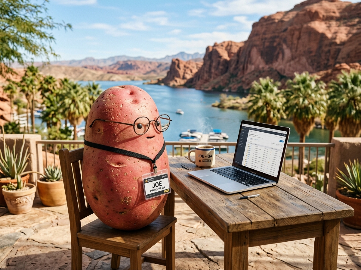 Joe the Awkward Potato sitting at his desert lake workstation with round glasses and QA badge