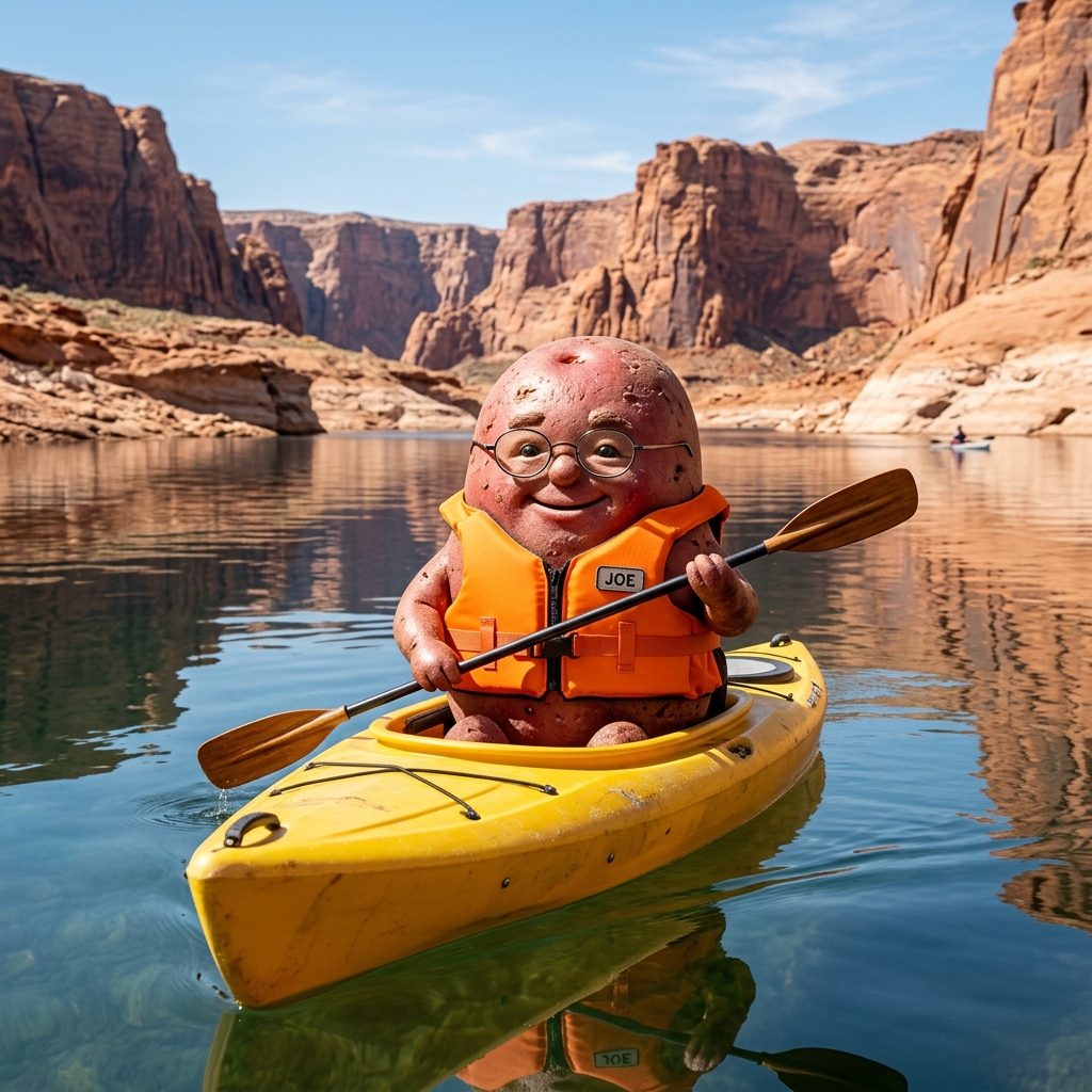 Joe in orange life vest kayaking on desert lake