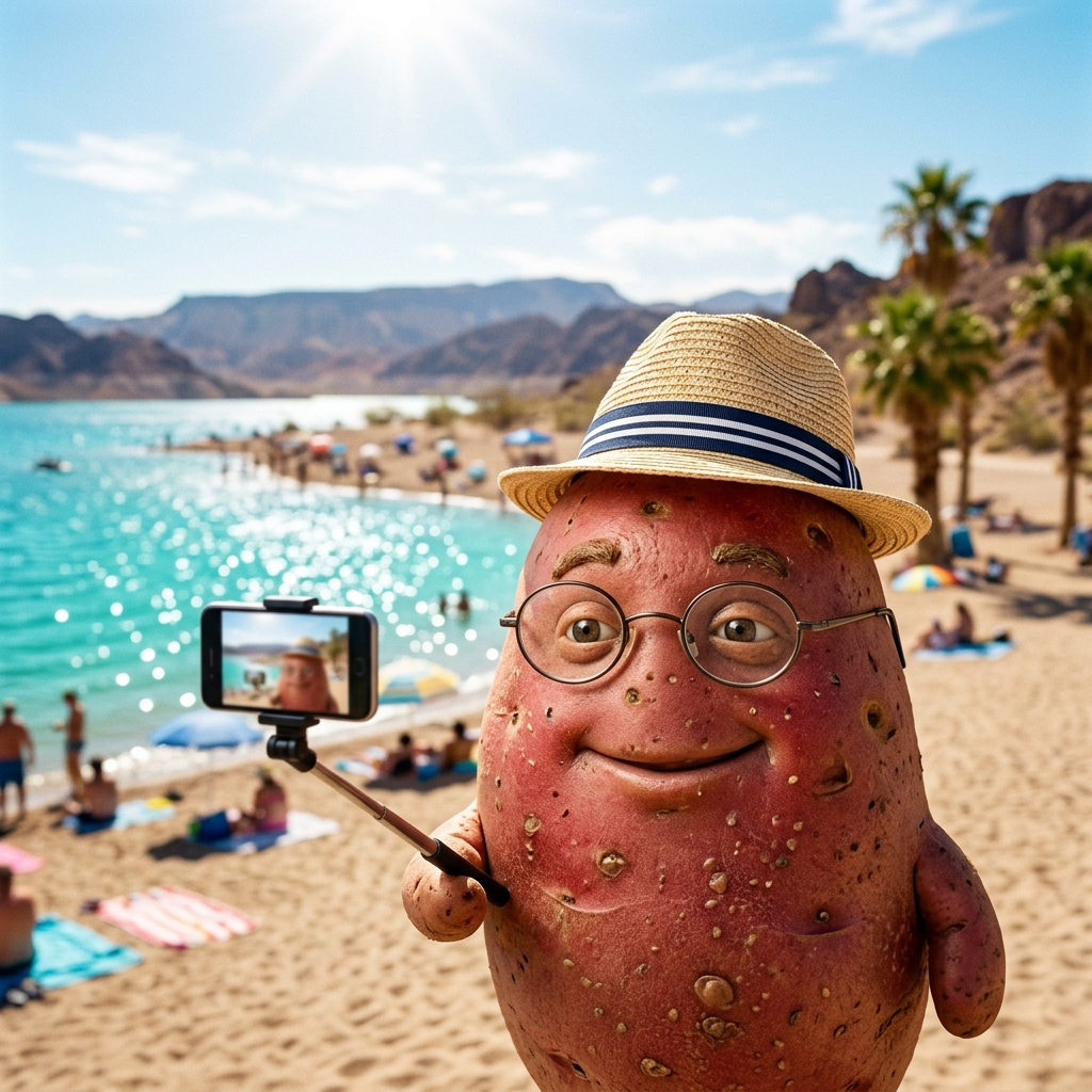 Joe taking a selfie at desert lake beach with straw hat and sunglasses