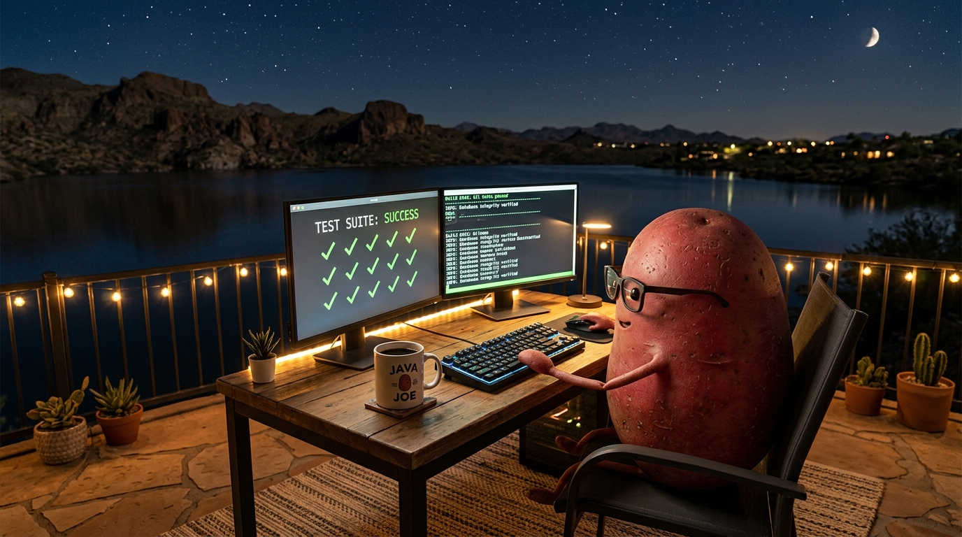Joe at night dual-monitor desk by desert lake with green checkmarks on screens